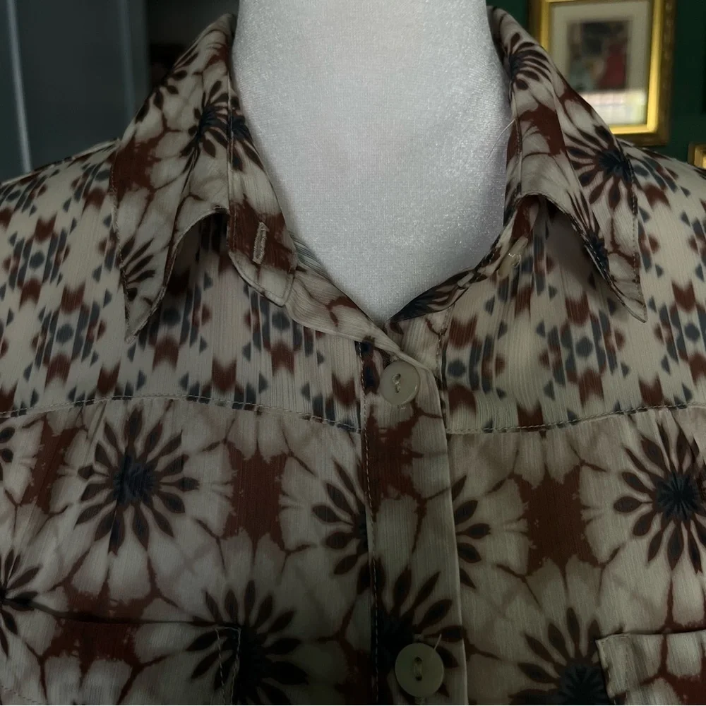 CHARLIE B Long Sleeve Button-Down Navy/Brown Abstract 70’s Blouse P/S - Picture 3 of 7